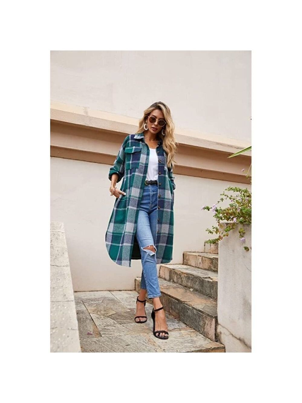 Casual Green Plaid Button Down Long Puff Sleeve Trench Coat Jacket Shacket Wool